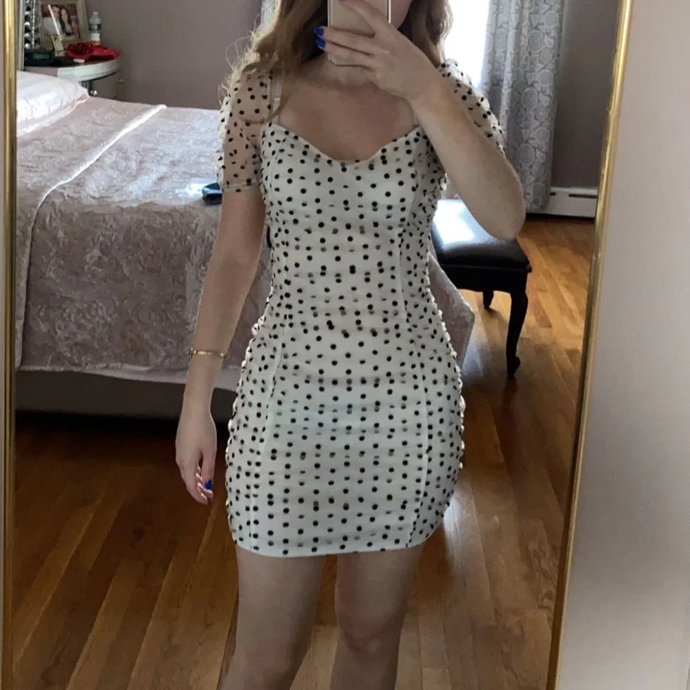 PLT Polka Dot Puff Sleeve Mesh Ruched Mini Dress - Picture 2 of 5